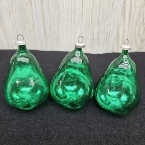 Vintage Green Blown Glass Pear Christmas Ornaments‎ Lot Set of 3 Holiday Decor
